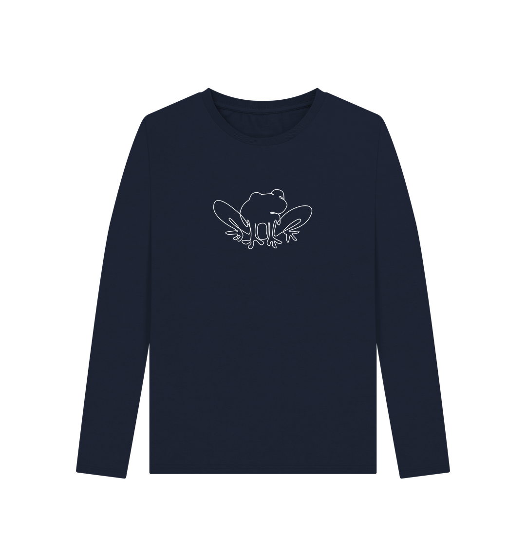 Navy Blue Women's Frog Organic Cotton Long Sleeve Tee (White)