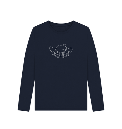 Navy Blue Women's Frog Organic Cotton Long Sleeve Tee (White)