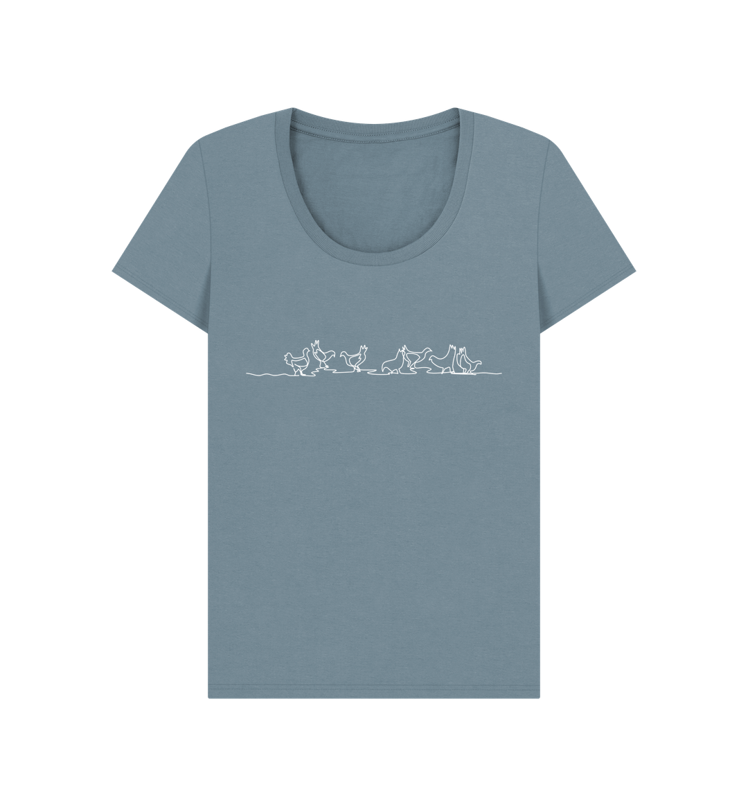 Stone Blue Women's Chickens Organic Cotton Scoop Neck Tee (White)