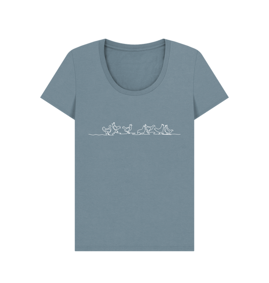 Stone Blue Women's Chickens Organic Cotton Scoop Neck Tee (White)