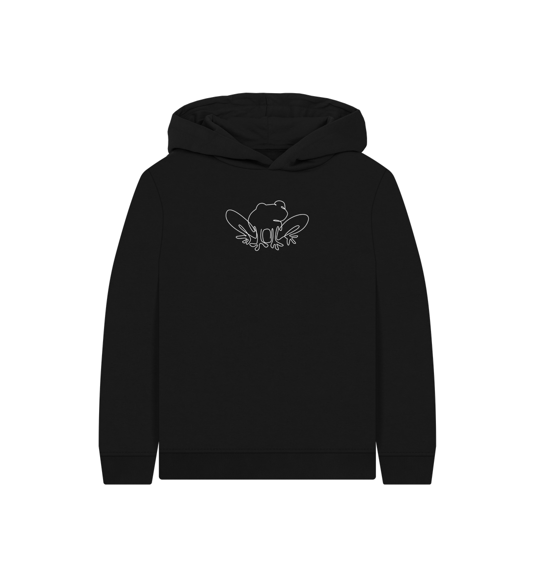 Black Kid's Frog Organic Cotton Pullover Hoodie (White)