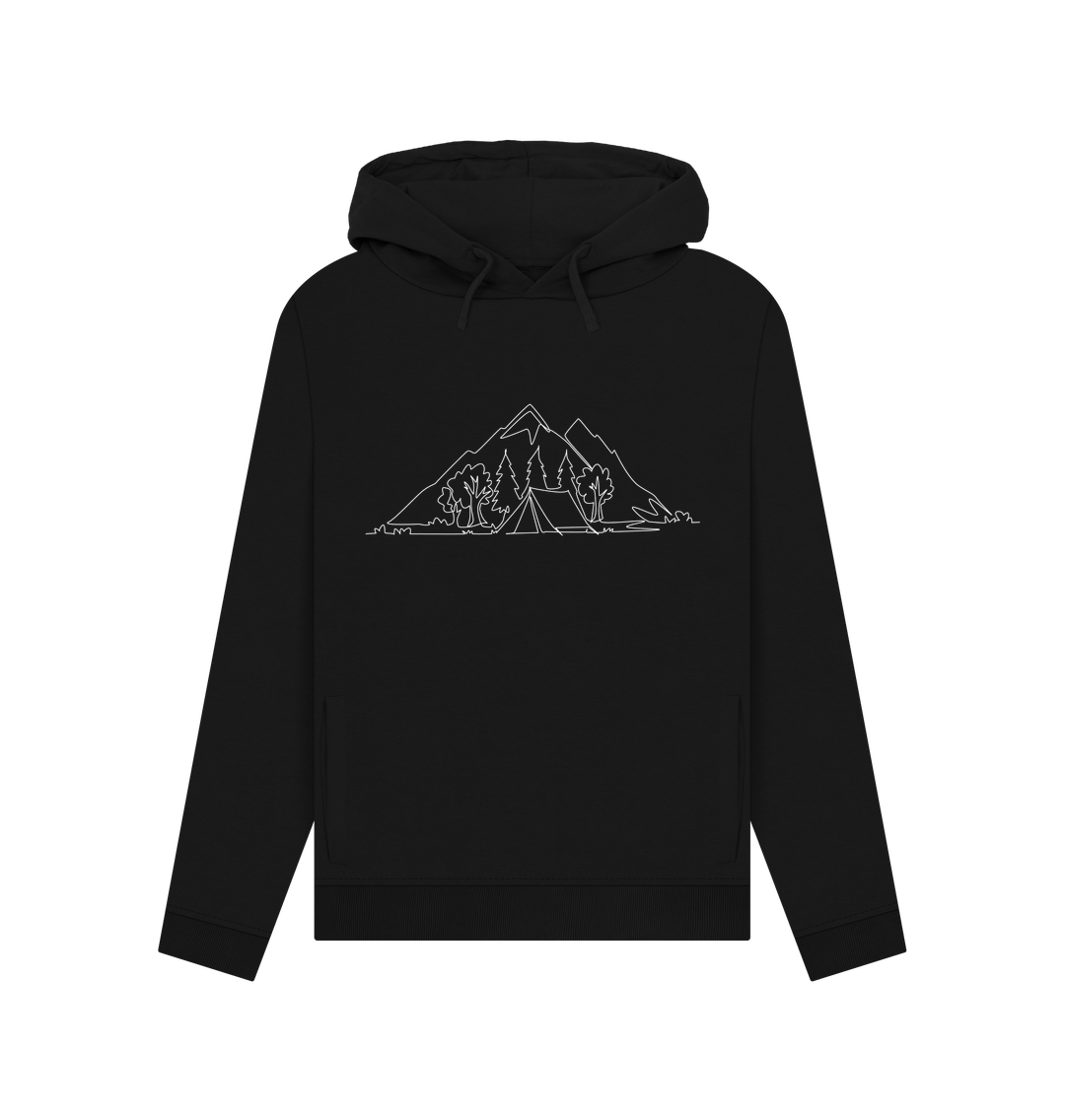 Black Women's Camping Organic Cotton Pullover Hoodie (White)