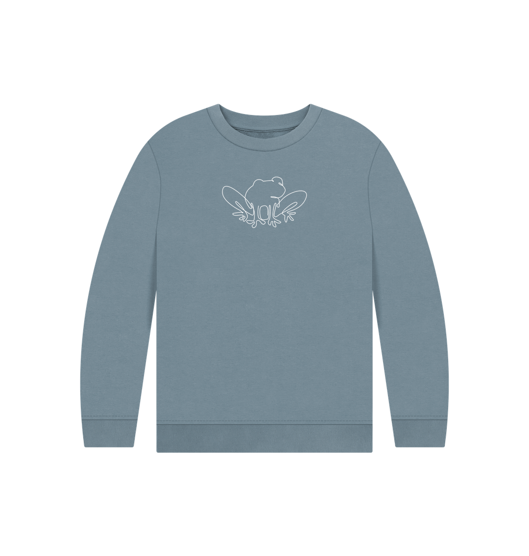 Stone Blue Kid's Frog Organic Cotton Crewneck Sweater (White)