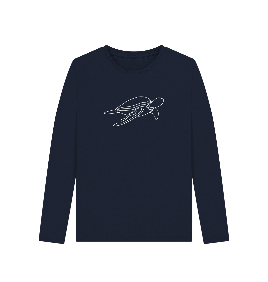 Navy Blue Women's Sea Turtle Organic Cotton Long Sleeve Tee (White)