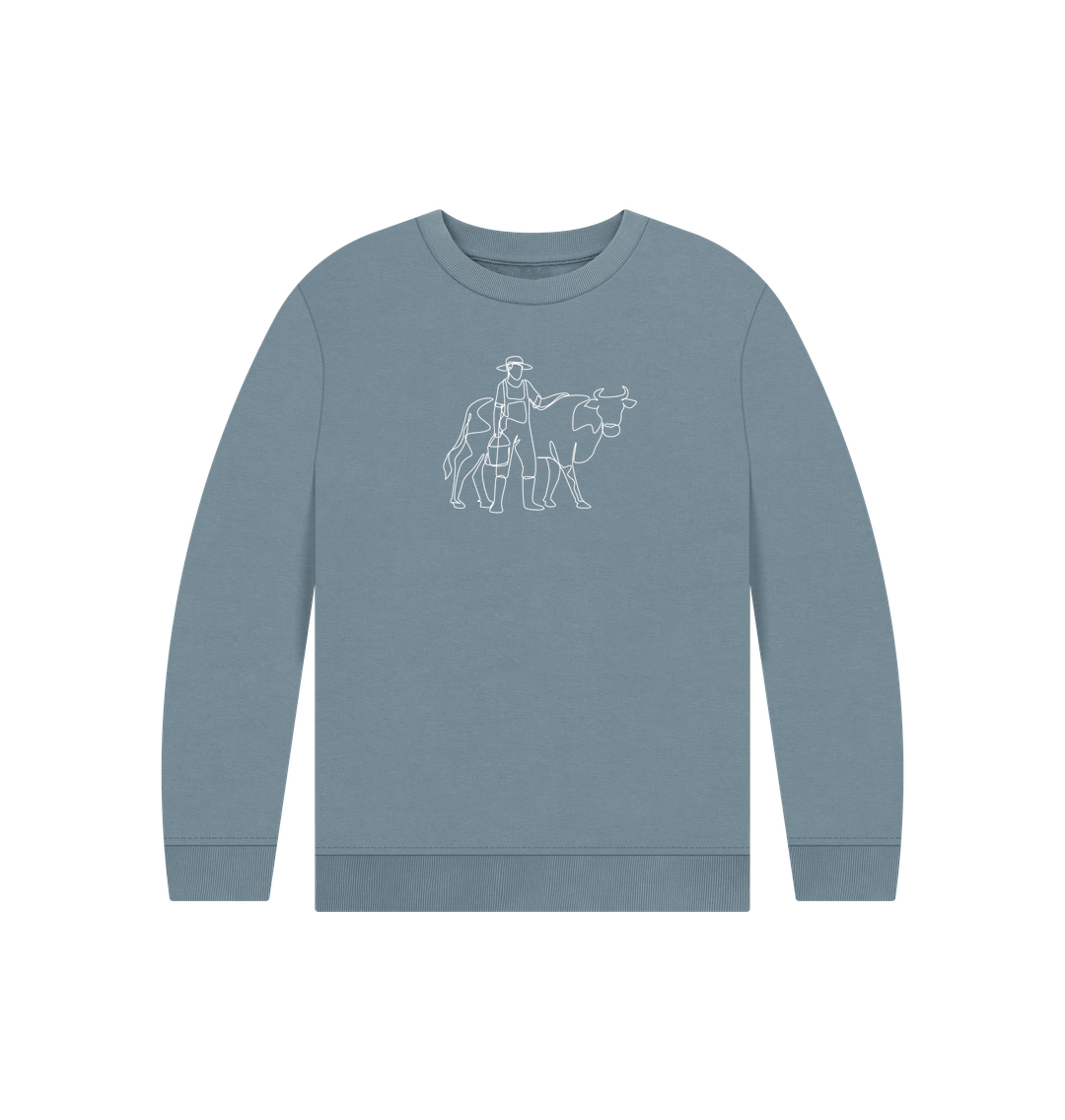 Stone Blue Kid's Cow Organic Cotton Crewneck Sweater (White)