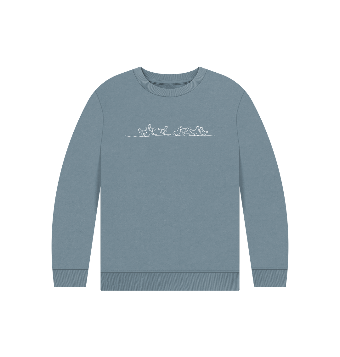 Stone Blue Kid's Chickens Organic Cotton Crewneck Sweater (White)