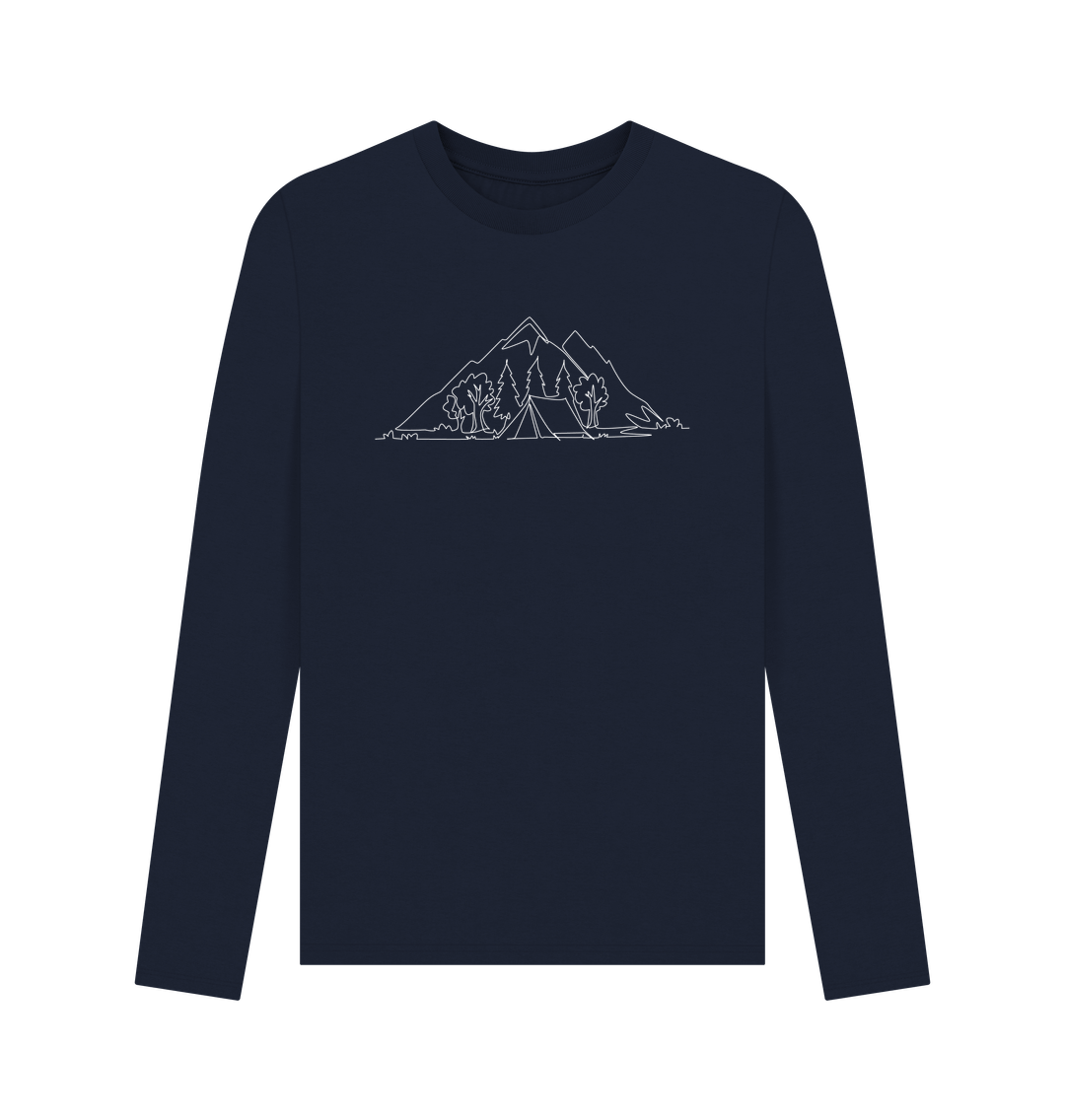 Navy Blue Men's Camping Organic Cotton Long Sleeve Tee - White Design