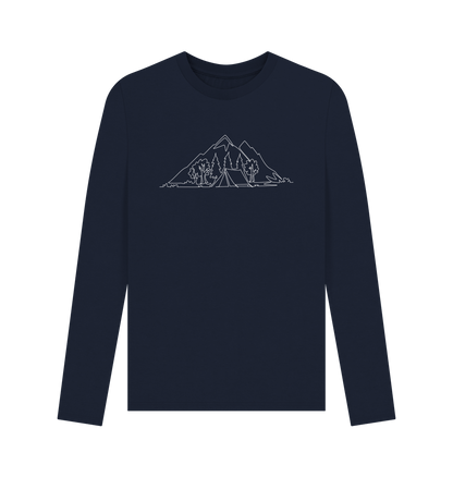 Navy Blue Men's Camping Organic Cotton Long Sleeve Tee - White Design