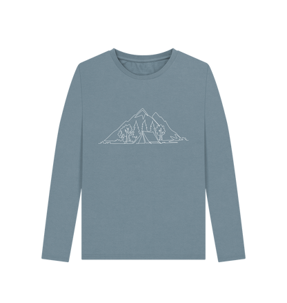 Stone Blue Women's Camping Organic Cotton Long Sleeve Tee (White)