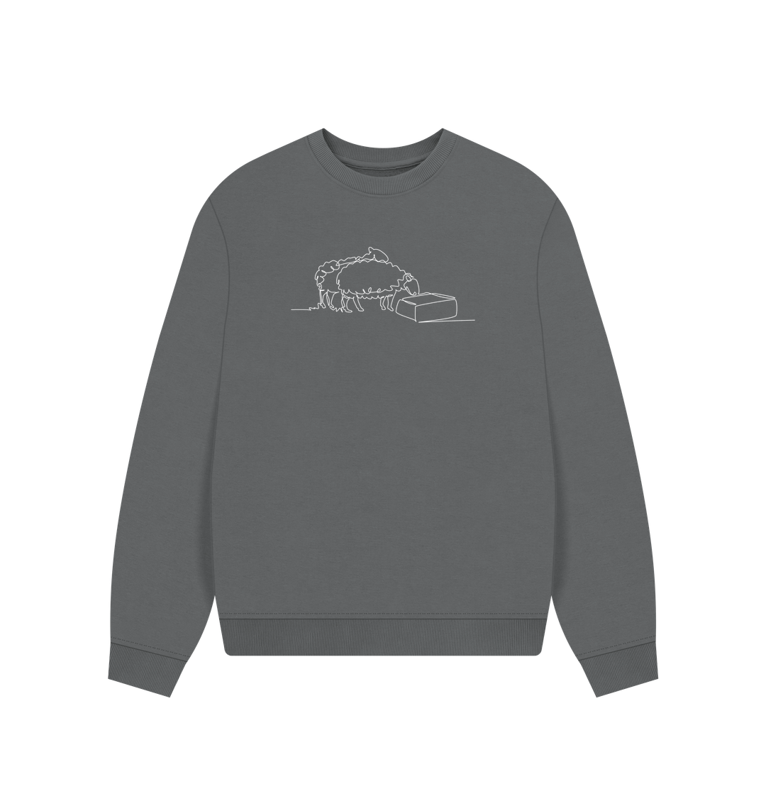 Slate Grey Women's Sheep Organic Cotton Oversized Crewneck (White)