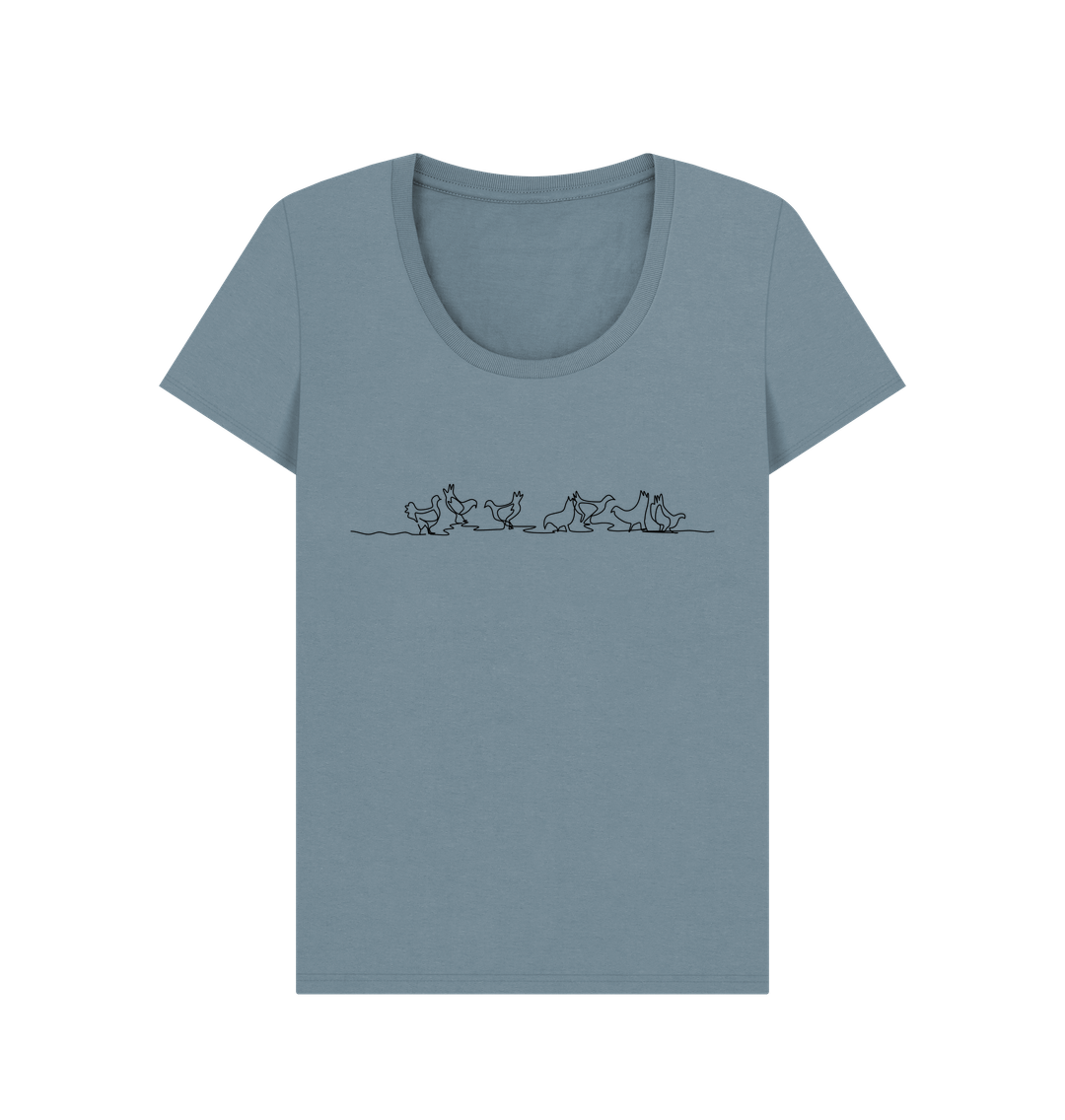 Stone Blue Women's Chickens Organic Cotton Scoop Neck Tee (Black)