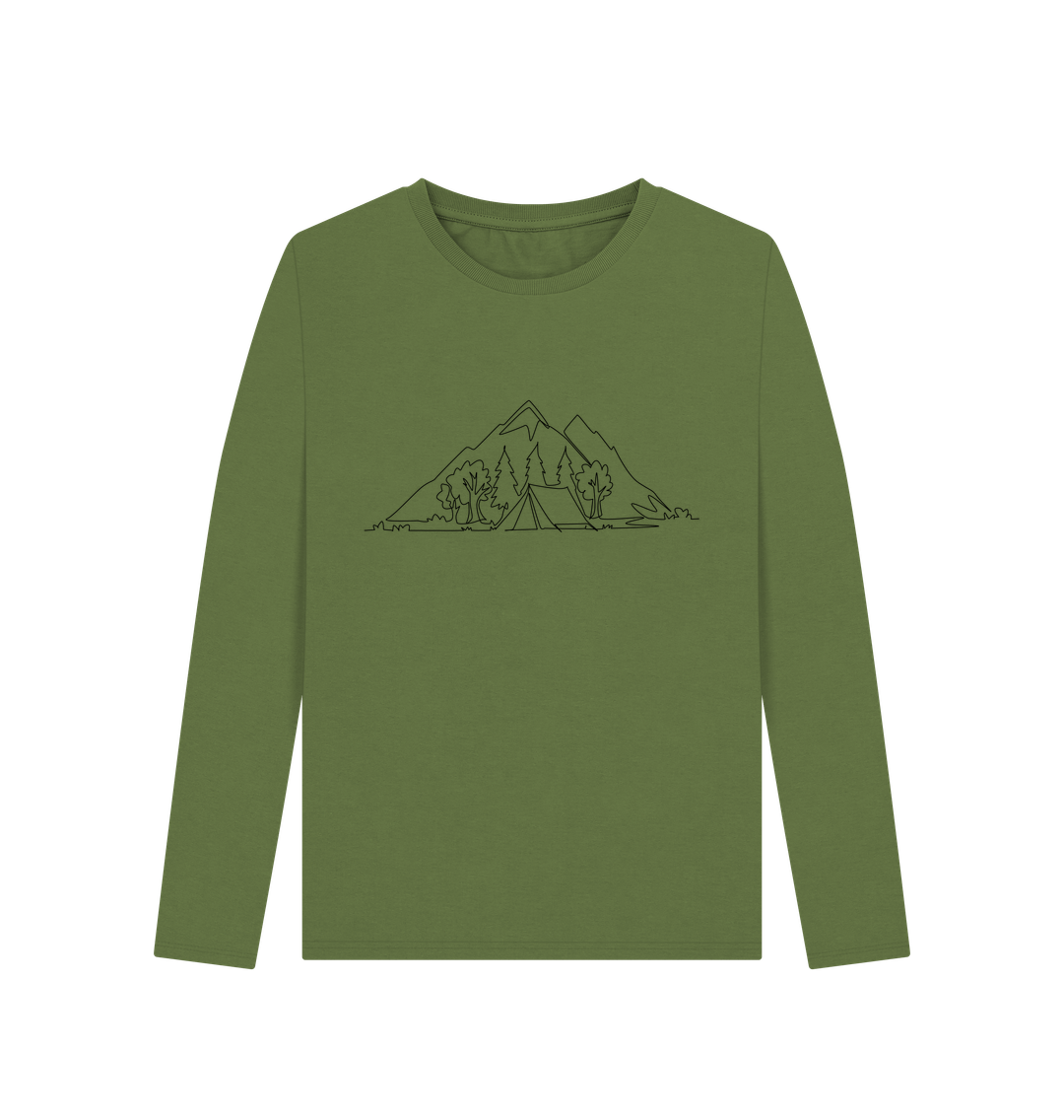 Khaki Women's Camping Organic Cotton Long Sleeve Tee (Black)