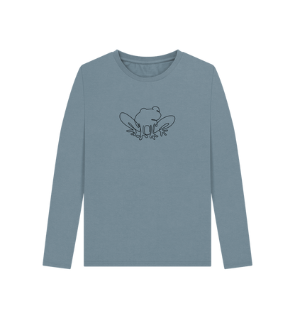 Stone Blue Women's Frog Organic Cotton Long Sleeve Tee (Black)