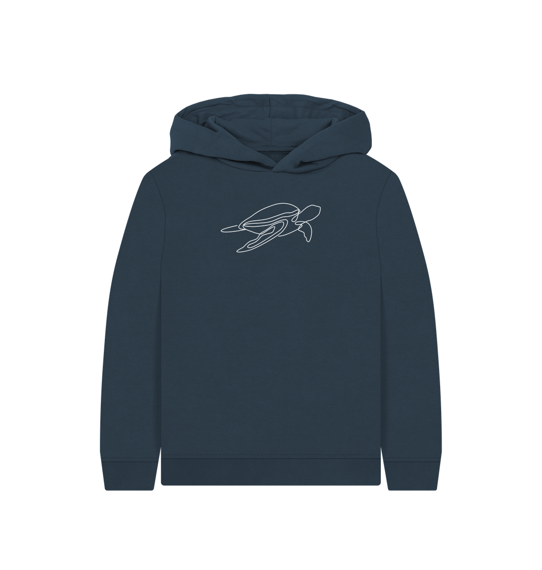 Navy Blue Kid's Sea Turtle Organic Cotton Pullover Hoodie (White)