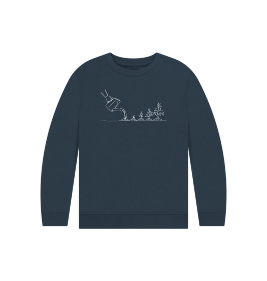 Navy Blue Kid's Gardening Organic Cotton Crewneck Sweater (White)