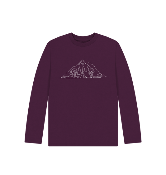 Purple Kid's Camping Organic Cotton Long Sleeve Tee (White)