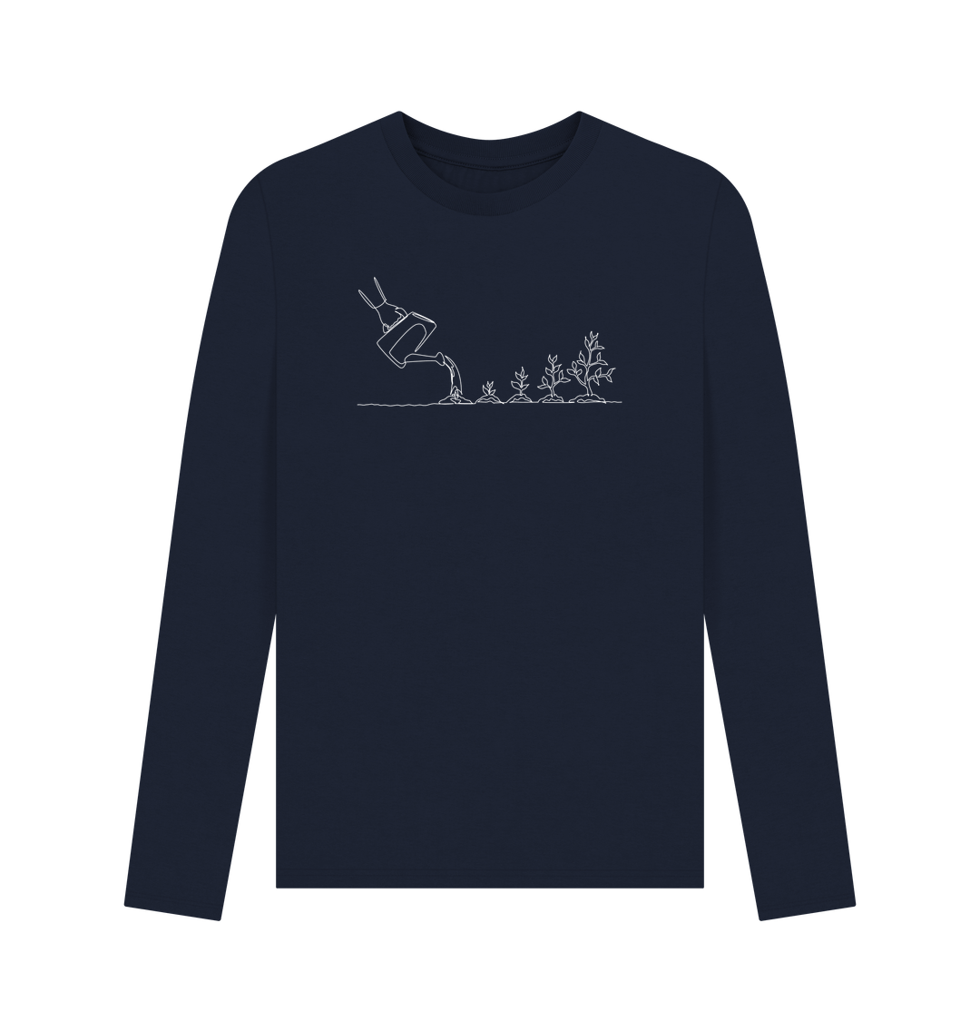 Navy Blue Men's Gardening Organic Cotton Long Sleeve Tee - White Design