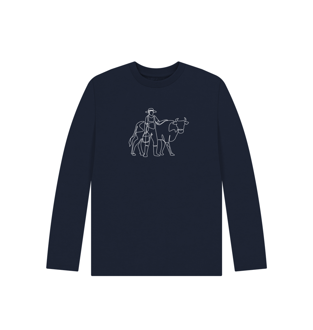 Navy Blue Kid's Cow Organic Cotton Long Sleeve Tee (White)