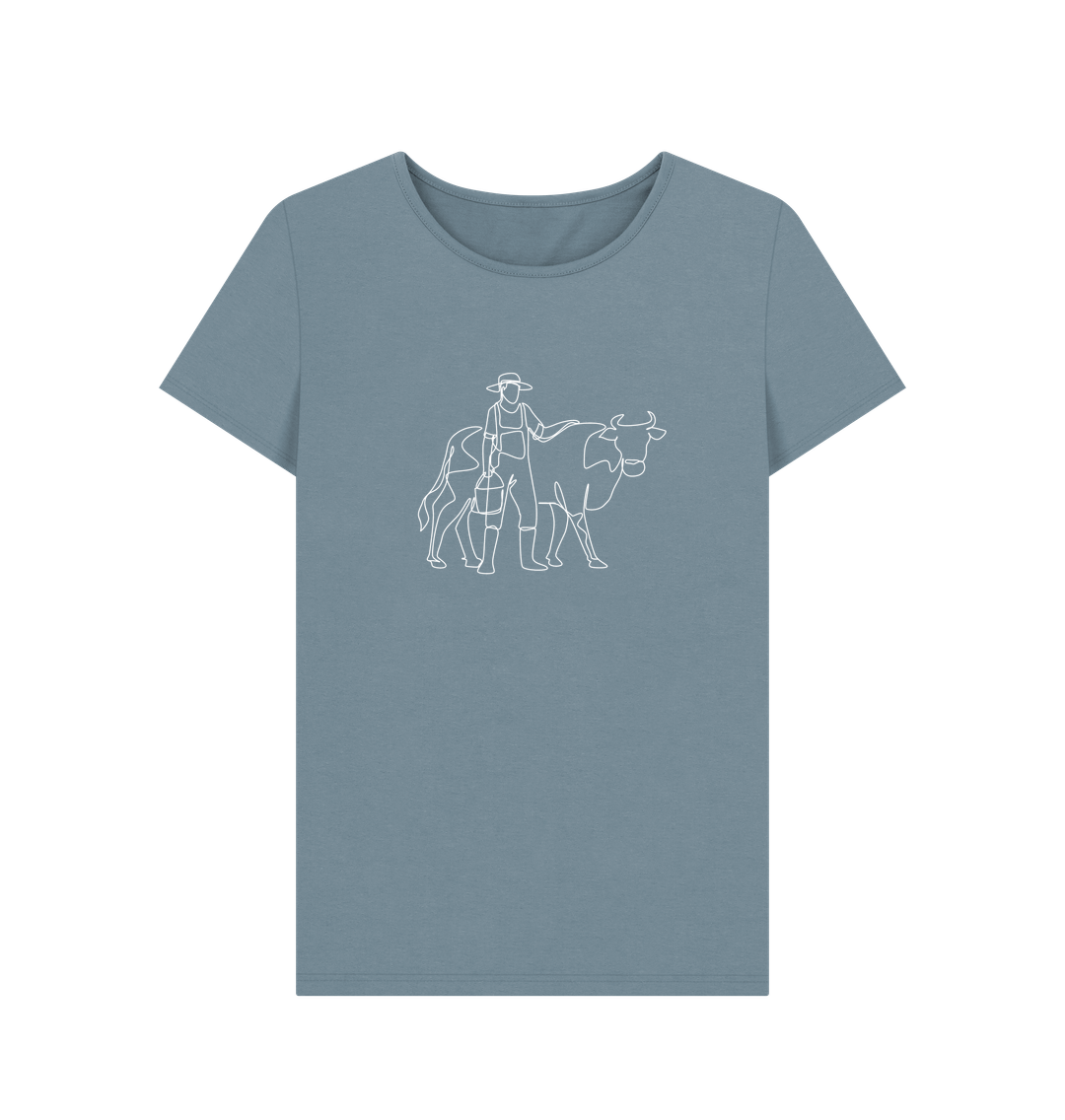 Stone Blue Women's Cow Organic Cotton Crewneck Tee (White)