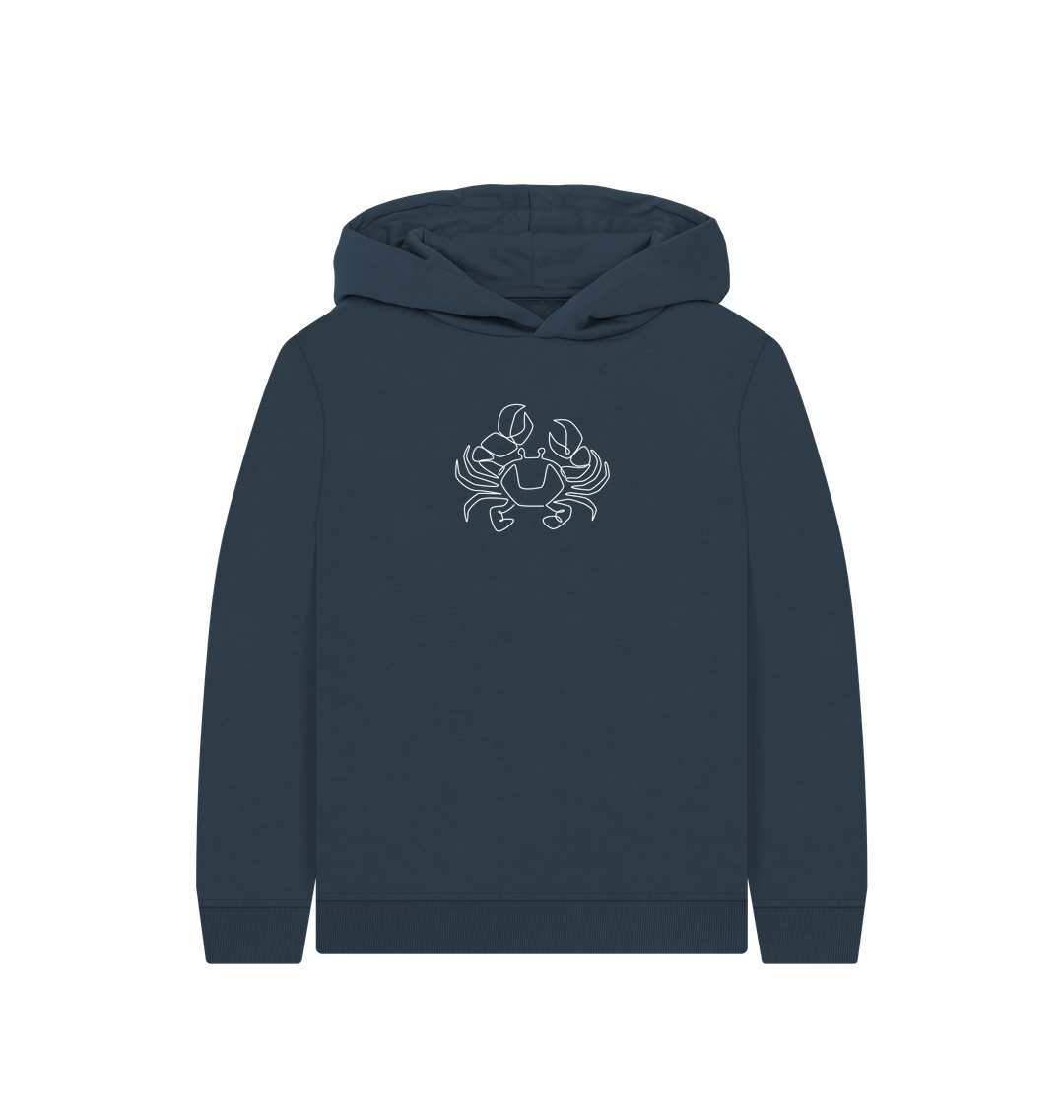 Navy Blue Kid's Crab Organic Cotton Pullover Hoodie (White)