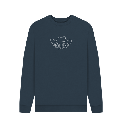 Navy Blue Men's Frog Organic Cotton Crewneck Sweater (White)