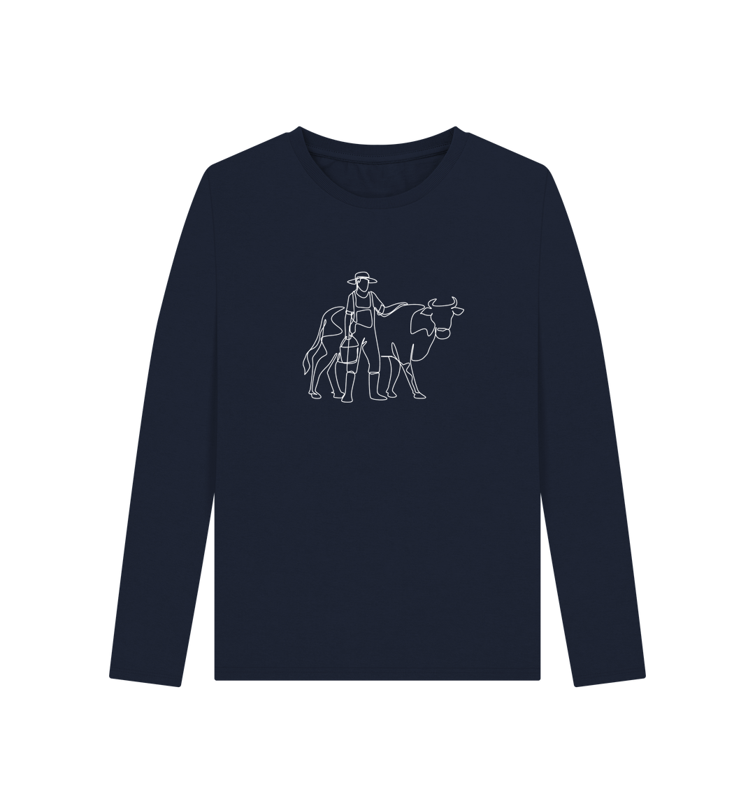 Navy Blue Women's Cow Organic Cotton Long Sleeve Tee (White)