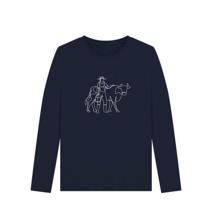 Navy Blue Women's Cow Organic Cotton Long Sleeve Tee (White)