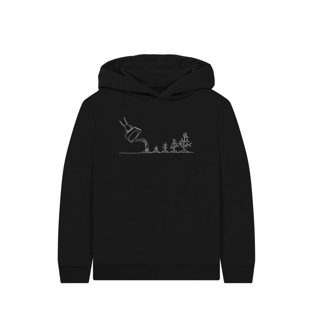 Black Kid's Gardening Organic Cotton Pullover Hoodie (White)