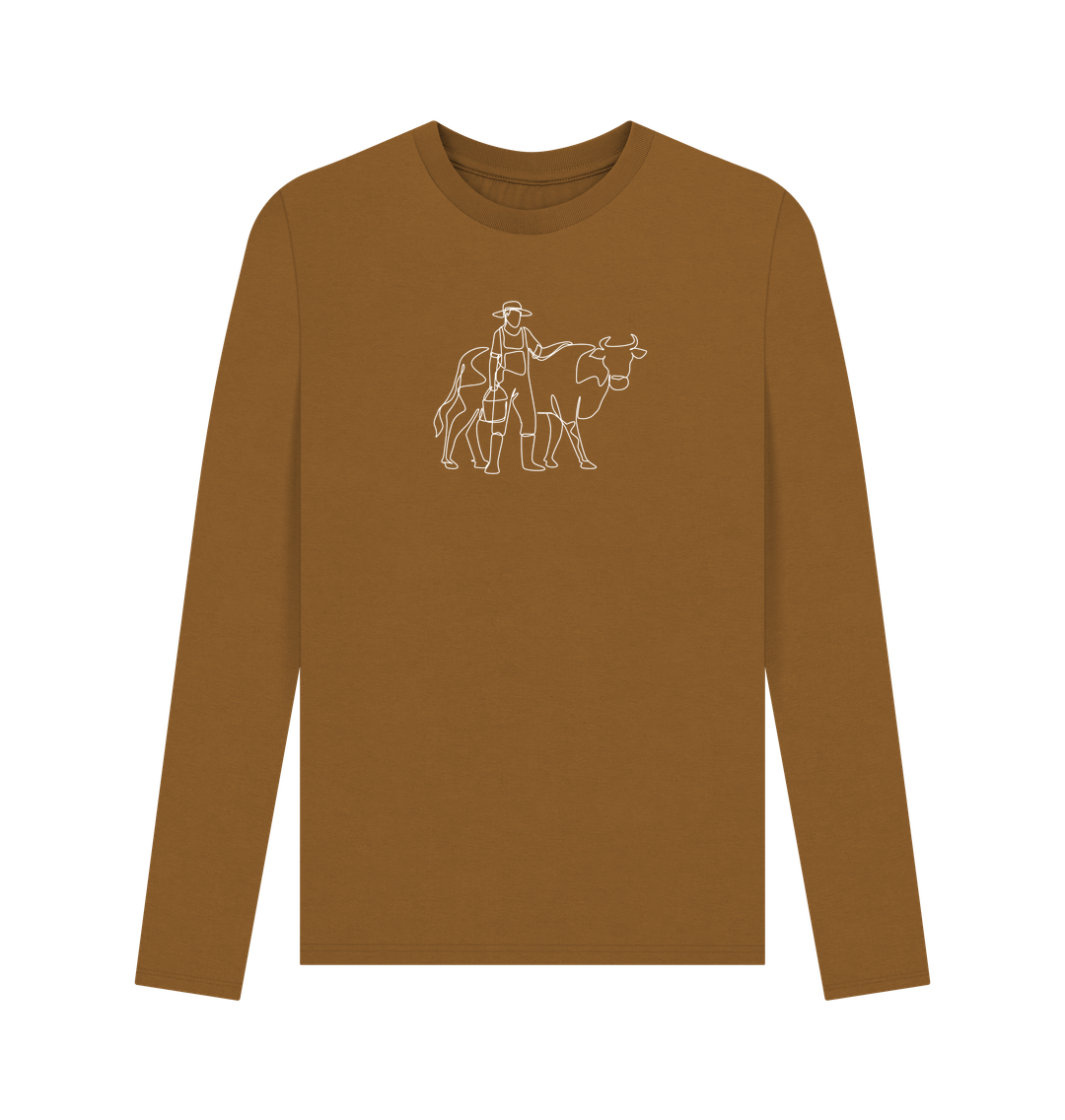 Brown Men's Cow Organic Cotton Long Sleeve Tee (White)