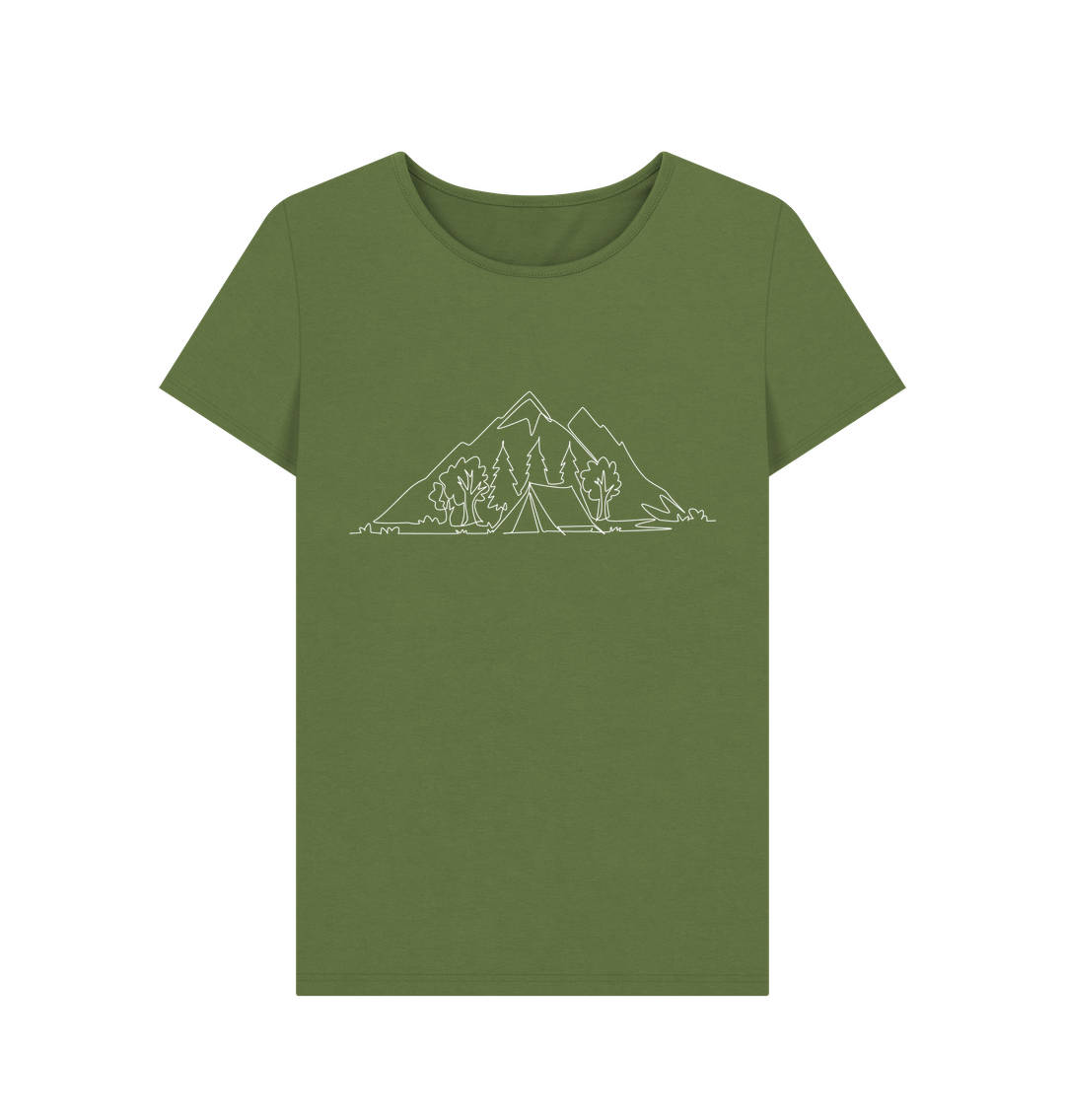 Khaki Women's Camping Organic Cotton Crewneck Tee (White)