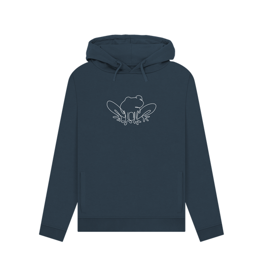 Navy Blue Women's Frog Organic Cotton Pullover Hoodie (White)