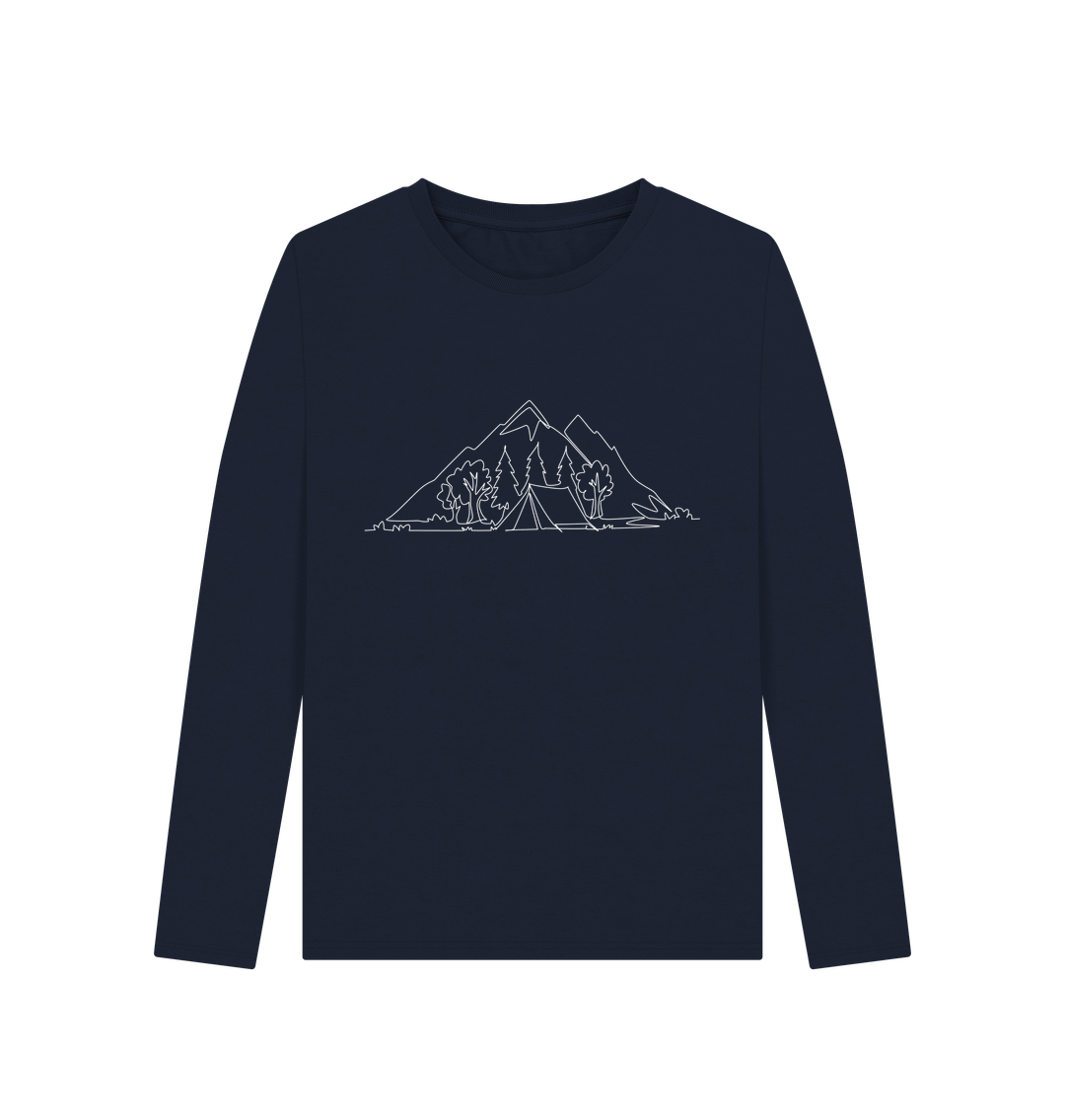 Navy Blue Women's Camping Organic Cotton Long Sleeve Tee (White)