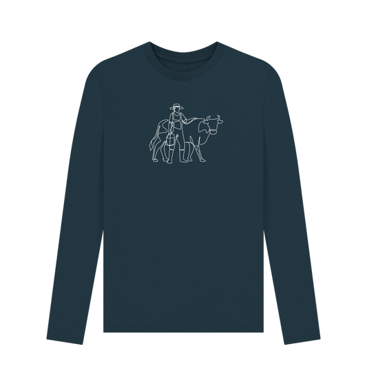 Denim Blue Men's Cow Organic Cotton Long Sleeve Tee - White Design