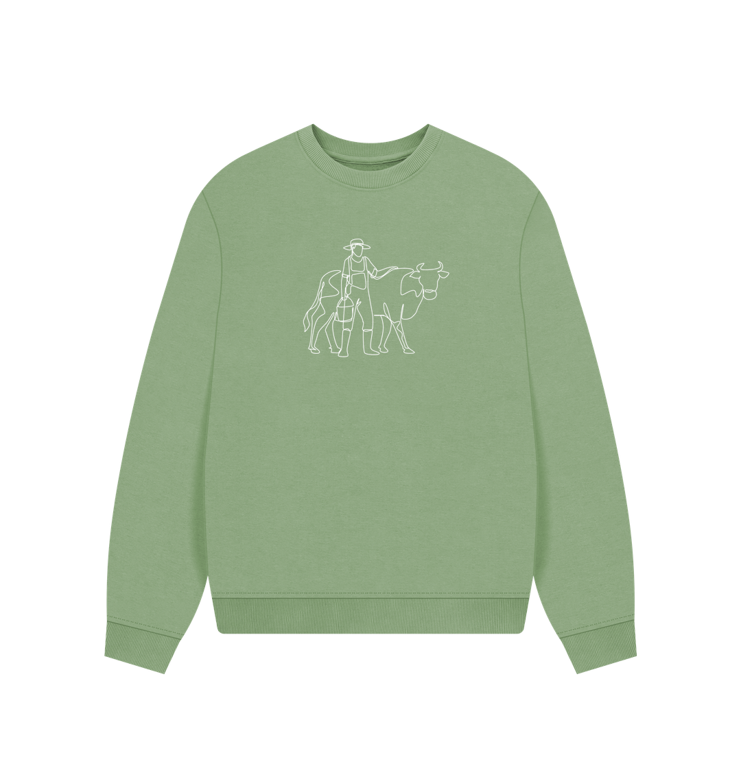 Sage Women's Cow Organic Cotton Oversized Crewneck (White)