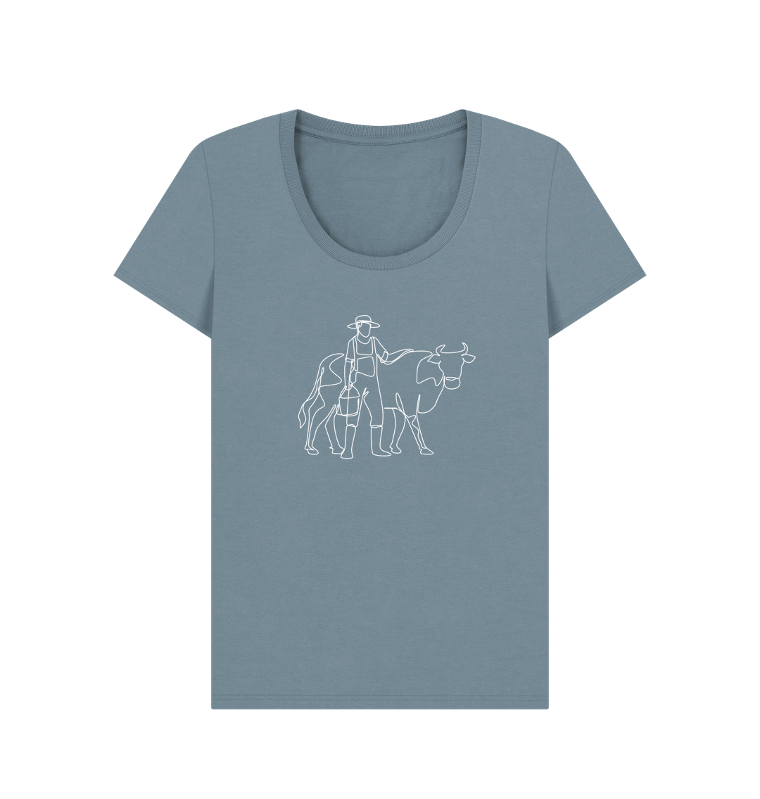 Stone Blue Women's Cow Organic Cotton Scoop Neck Tee (White)