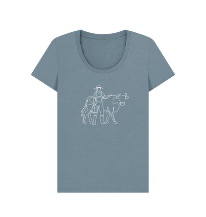 Stone Blue Women's Cow Organic Cotton Scoop Neck Tee (White)