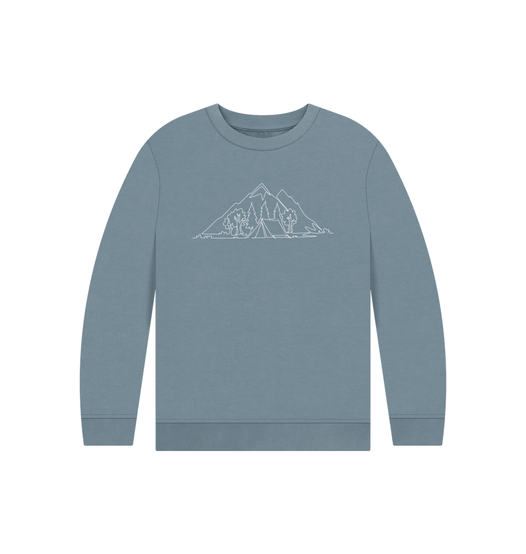 Stone Blue Kid's Camping Organic Cotton Crewneck Sweater (White)