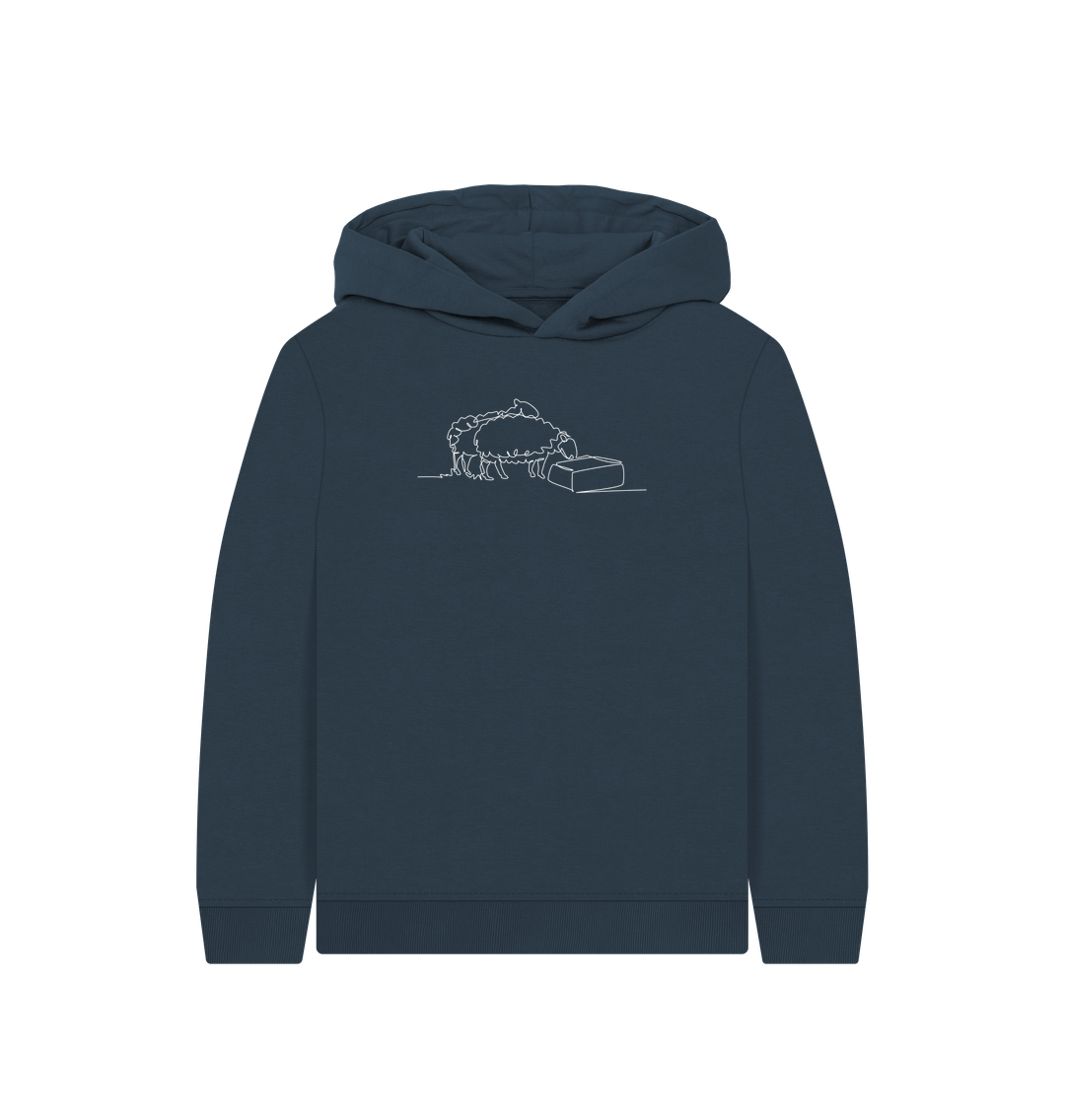 Navy Blue Kid's Sheep Organic Cotton Pullover Hoodie (White)