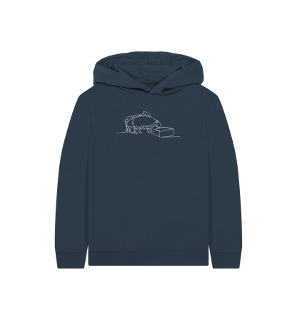 Navy Blue Kid's Sheep Organic Cotton Pullover Hoodie (White)