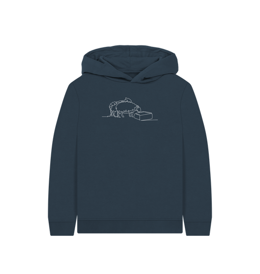 Navy Blue Kid's Sheep Organic Cotton Pullover Hoodie (White)