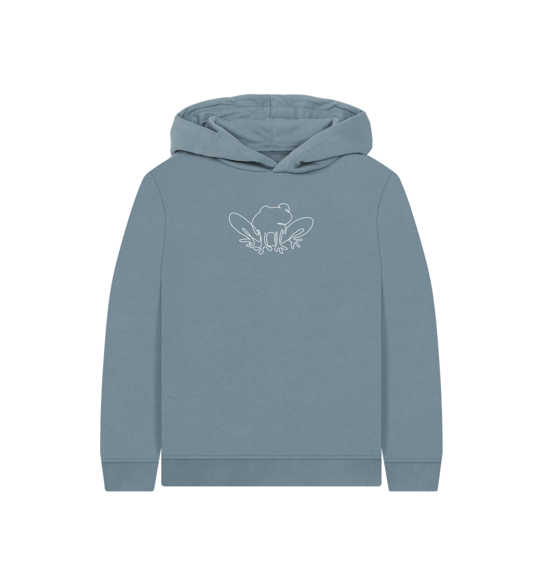 Stone Blue Kid's Frog Organic Cotton Pullover Hoodie (White)