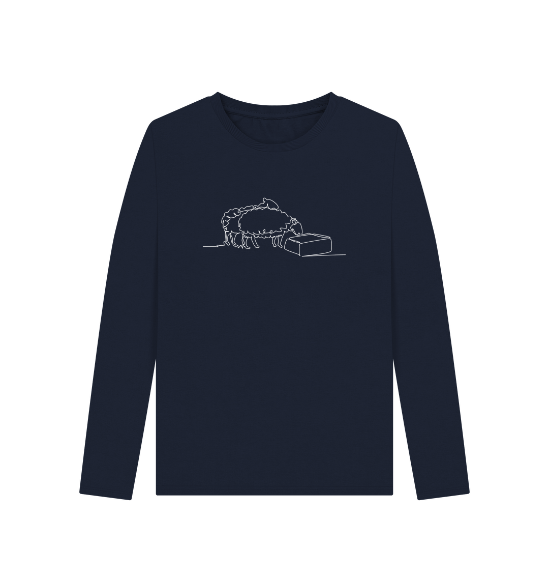 Navy Blue Women's Sheep Organic Cotton Long Sleeve T-Shirt (White)