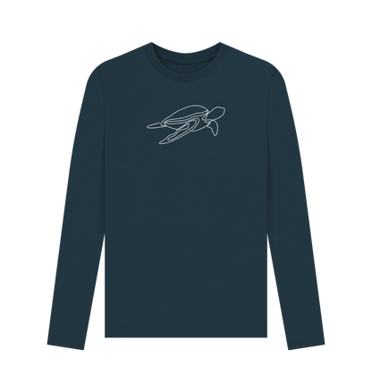 Denim Blue Men's Sea Turtle Organic Cotton Long Sleeve Tee (White)