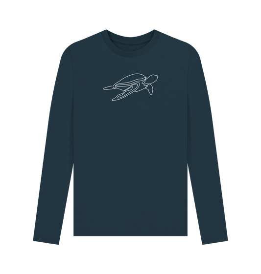 Denim Blue Men's Sea Turtle Organic Cotton Long Sleeve Tee (White)