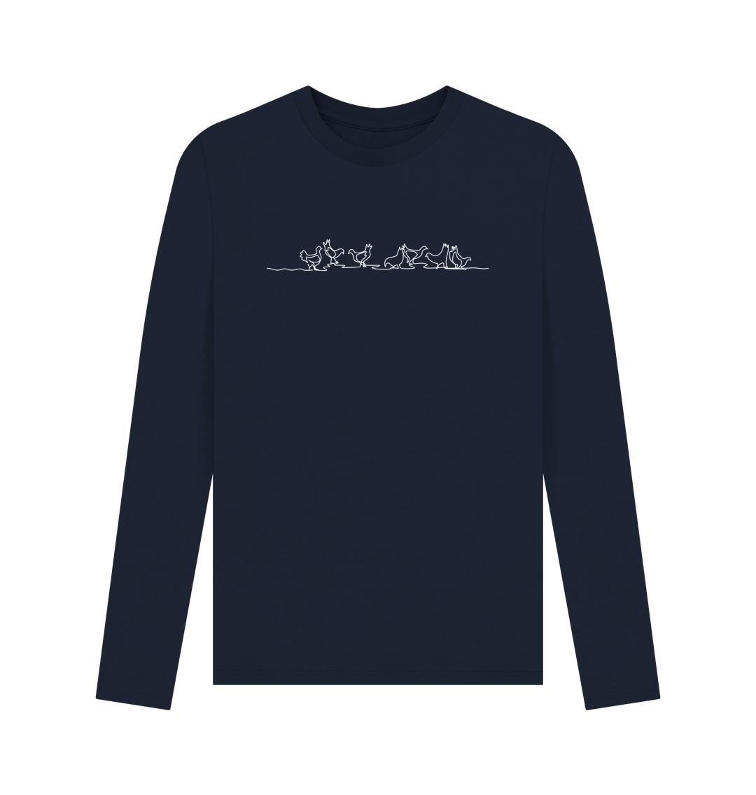 Navy Blue Men's Chickens Organic Cotton Long Sleeve Tee - White Design