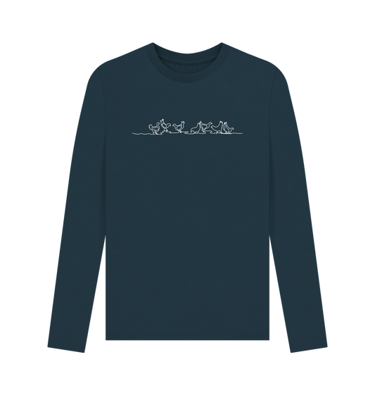 Denim Blue Men's Chickens Organic Cotton Long Sleeve Tee (White)