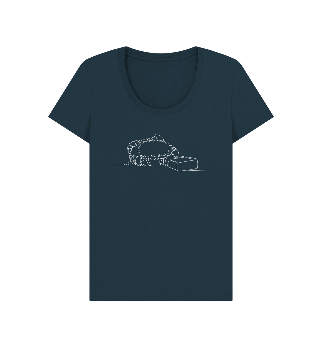 Denim Blue Women's Sheep Organic Cotton Scoop Neck Tee (White)