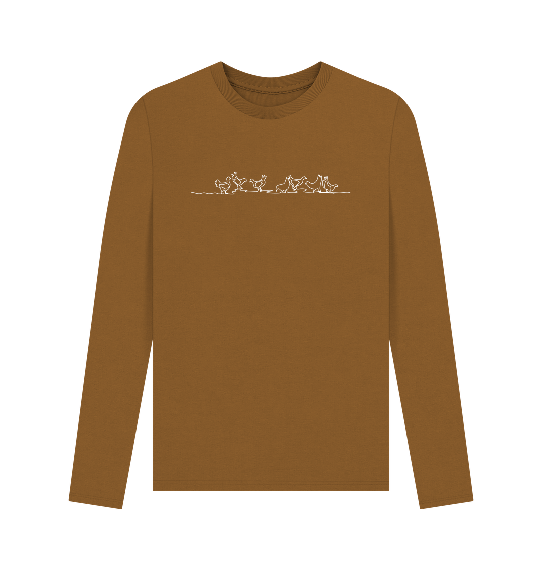 Brown Men's Chickens Organic Cotton Long Sleeve Tee - White Design