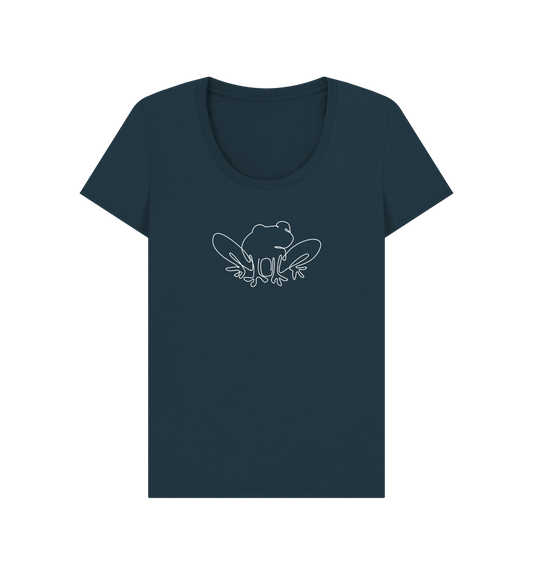 Denim Blue Women's Frog Organic Cotton Scoop Neck Tee (White)