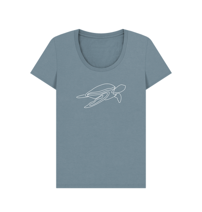 Stone Blue Women's Sea Turtle Organic Cotton Scoop Neck Tee (White)